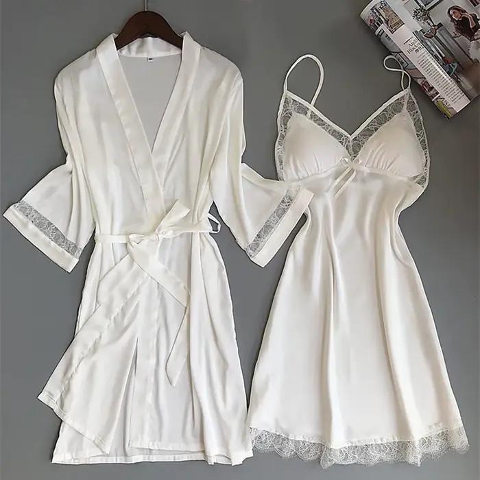 Pyjama en Satin de soie pour femmes, 2 pièces, Sexy, soyeux, ensemble de Robe, garniture en dentelle