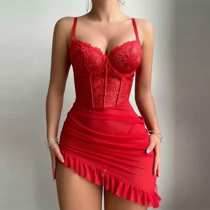 Chemise de nuit d'été en dentelle pour femmes, vêtements de maison fins, col licou, vêtements de nui