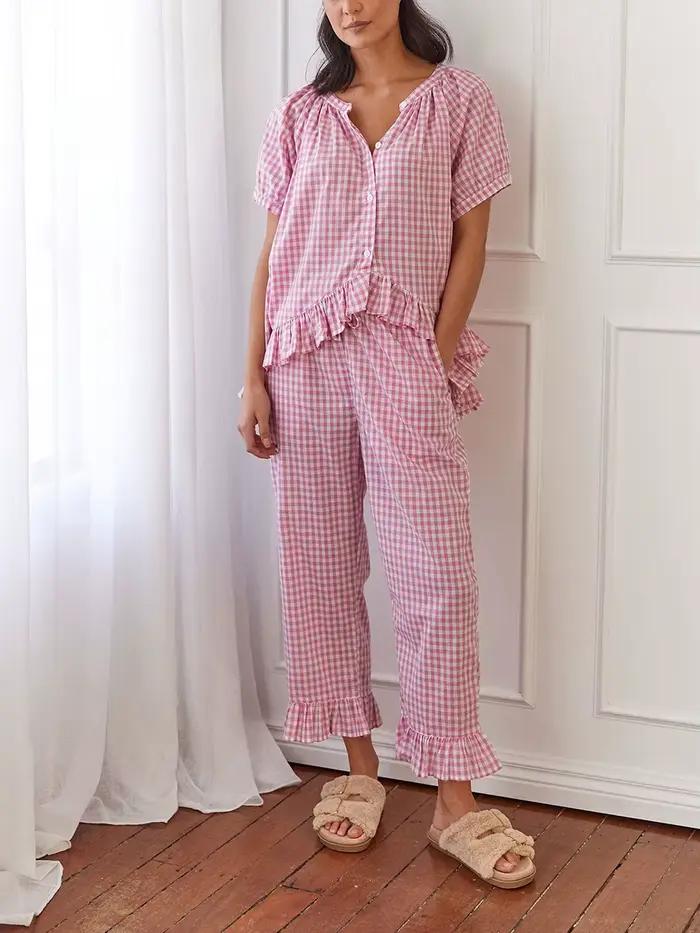 Pyjama à carreaux à manches bouffantes sur le devant pour femmes, chemise nuisette, pantalon vichy, 