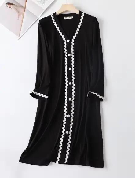 Vêtements de nuit en coton modal à manches longues et col en V pour femmes, robe de nuit en dentelle