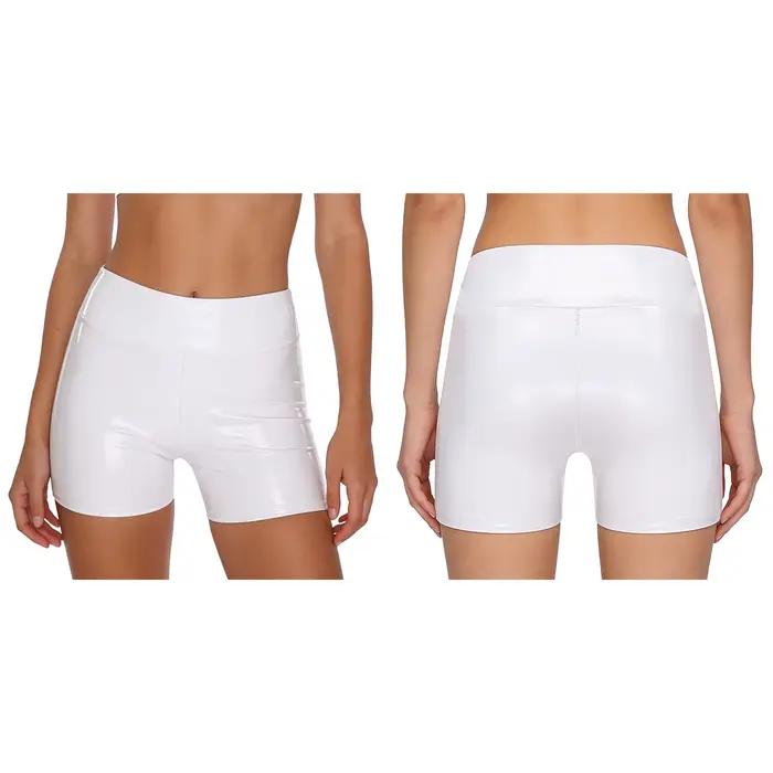 Shorts en similicuir PU taille haute effet mouillé pour femme, style pole dance, moulants et extensi