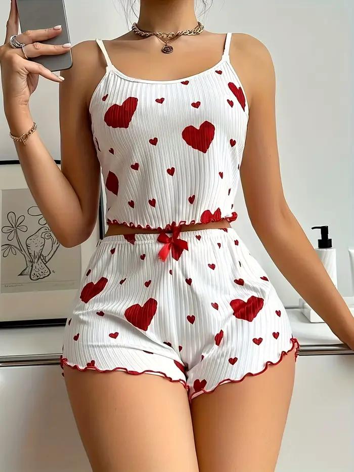 Ensemble pyjama 2 pièces imprimé cœur pour femme, débardeur et short côtelés doux, vêtements de nuit