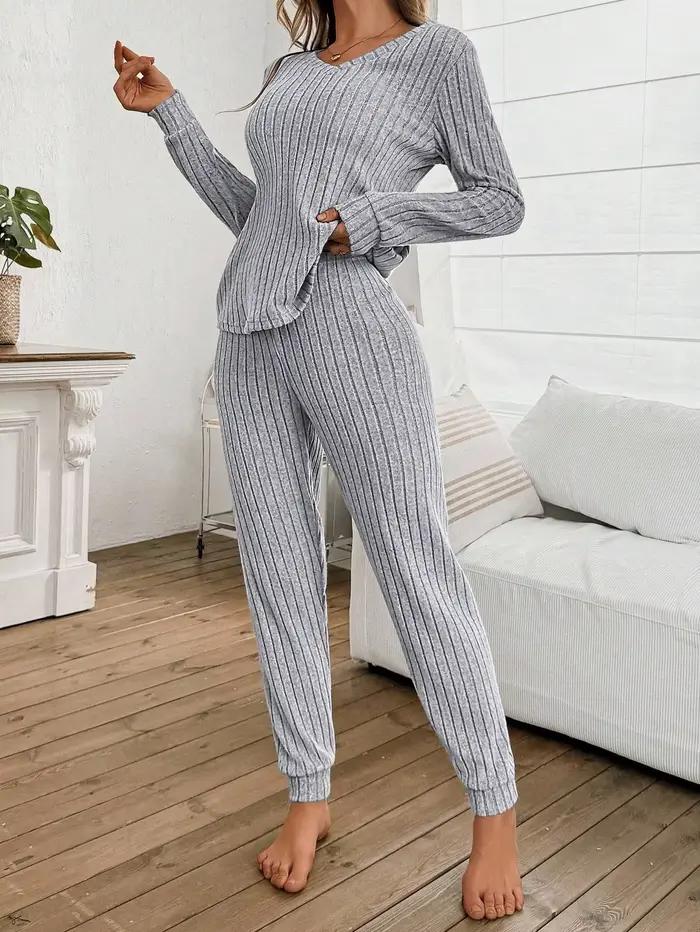 Ensemble pyjama côtelé 2 pièces pour femme - Haut à manches longues et col en V et pantalon de joggi