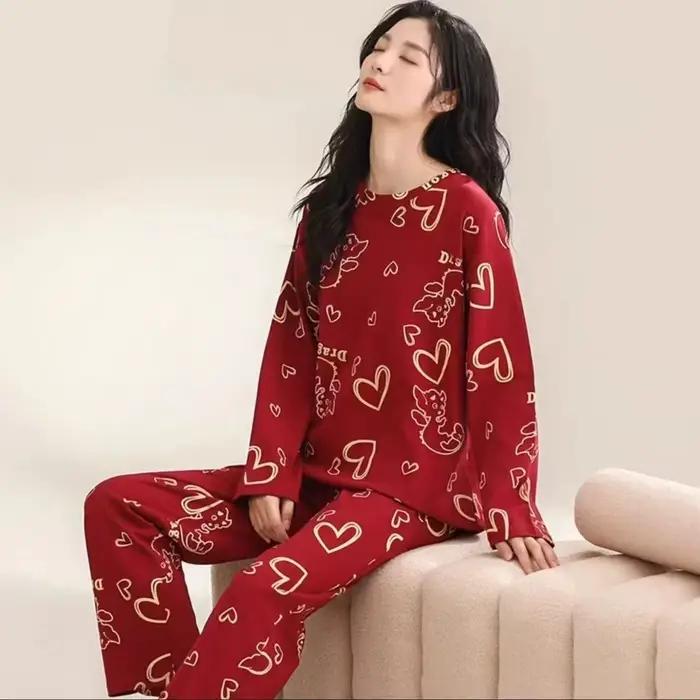 Pyjama imprimé rouge pour femmes, ensemble de vêtements de nuit à manches longues, décontracté, vête