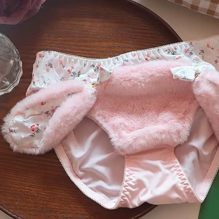 Culottes en velours avec oreilles de lapin et nœud, mignonnes, en peluche, style Lolita, pour femme,