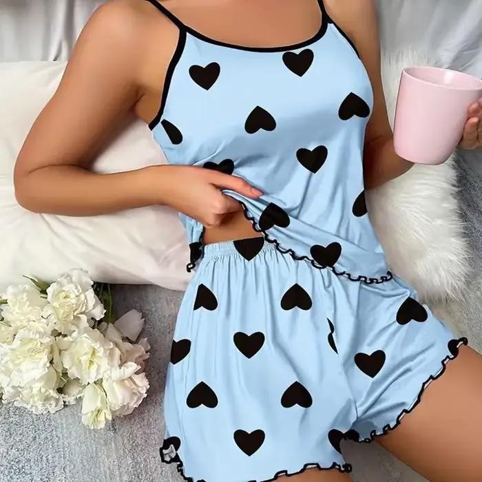Ensemble pyjama pour femmes, T-Shirts et shorts, T-Shirt rose imprimé en forme de cœur, col rond, ha