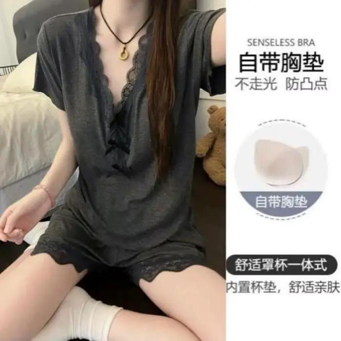 Pyjama en dentelle pour femme, ensemble 2 pièces d'été à manches courtes, tenue de nuit asymétrique 