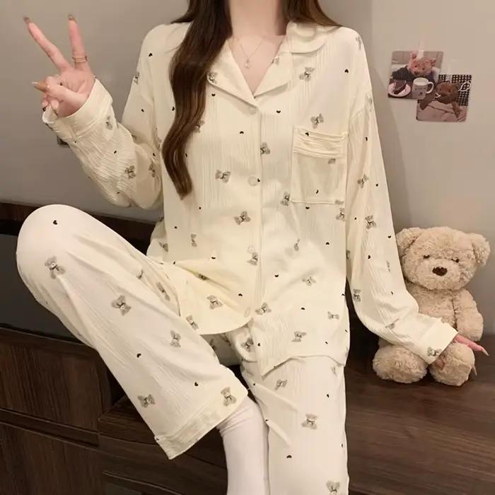Pyjama coréen style ours en peluche à volants en forme de cœur pour femme, ensemble trois pièces hau