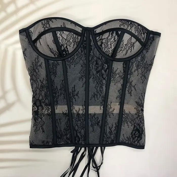 Steel Bone Korset femme évider bretelles dentelle haut bustier Push Up soutien-gorge maille femmes L