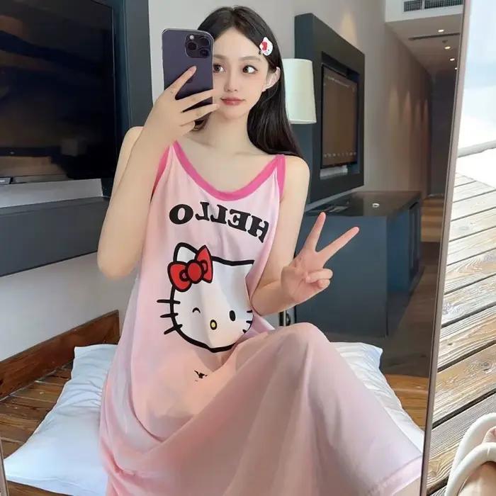 Chemise de nuit sans manches surdimensionnée Kawaii Sanrio Hello Kitty, grande taille pour femmes, r