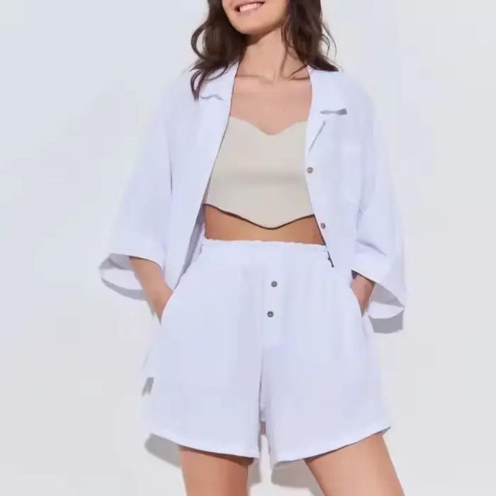 100% Cotton Gauze Muslin Sets Pajamas for Women 2 Pieces Half Sleeve Shirts Top + High Wasit Short C