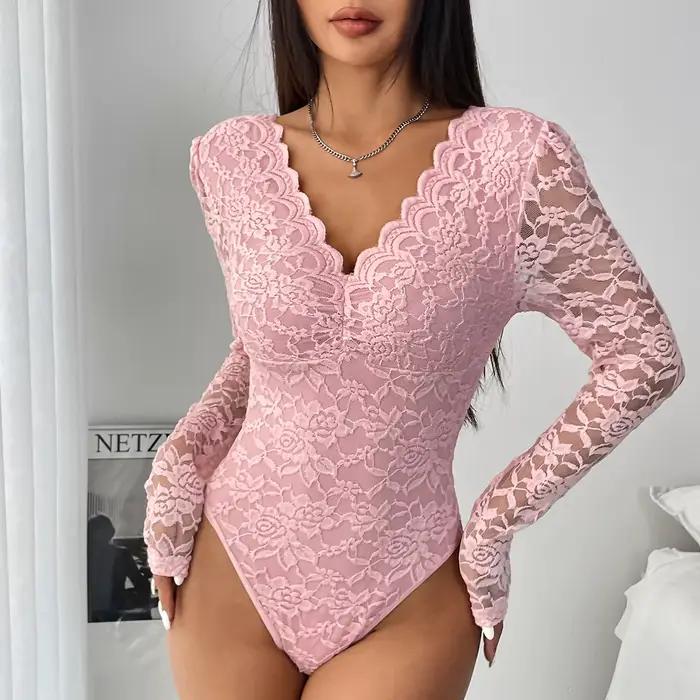 Body Sexy en dentelle blanche pour femmes, couleur unie, manches longues, Corset transparent, haut à