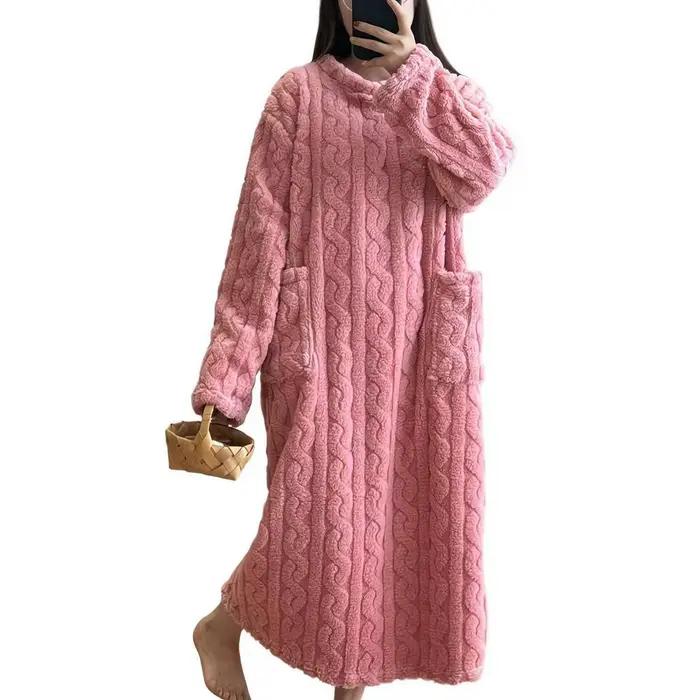 Chemise de nuit en flanelle à manches longues pour femmes, avec Double poche, vêtements de nuit ther