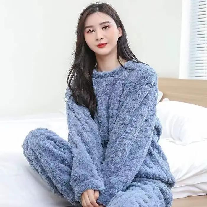 Pyjama en velours corail pour femmes, en hiver, en velours épais, Jacquard, manches longues, vêtemen