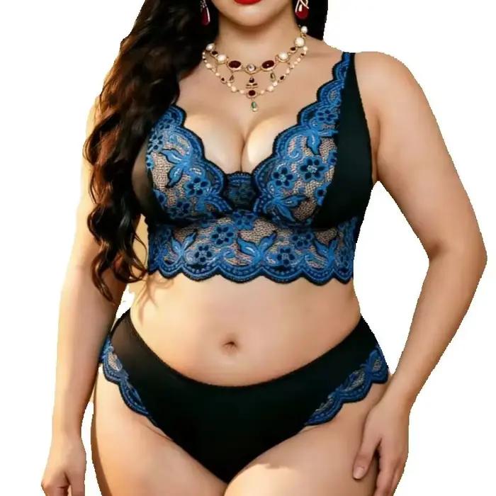 Ensemble de lingerie sexy en dentelle noire et bleue pour femmes grandes tailles avec broderie flora