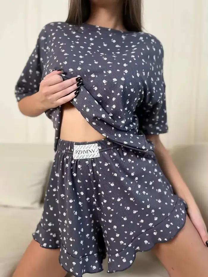 Nouvel ensemble de pyjama pour femme : short et haut à manches courtes, imprimé, doux, confortable, 