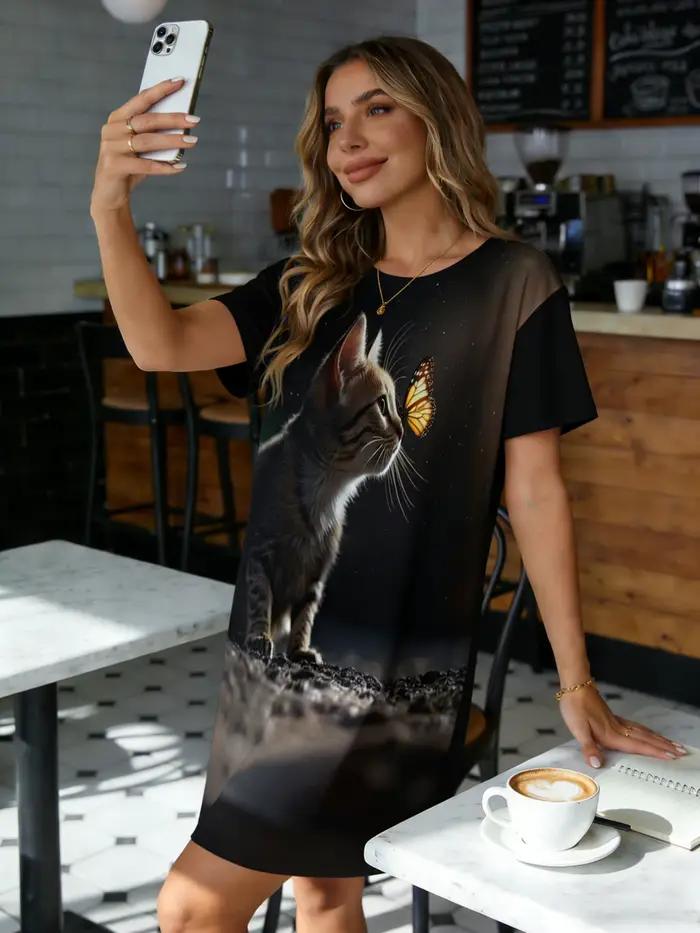 Chemise de nuit pour femmes, col rond, manches courtes, printemps-été, imprimé chat et papillon rêve