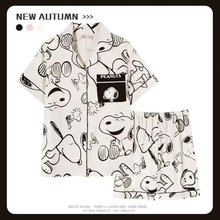 Pyjama court d'été Snoopy pour femmes, ensemble deux pièces, imprimé de dessin animé mignon, vêtemen