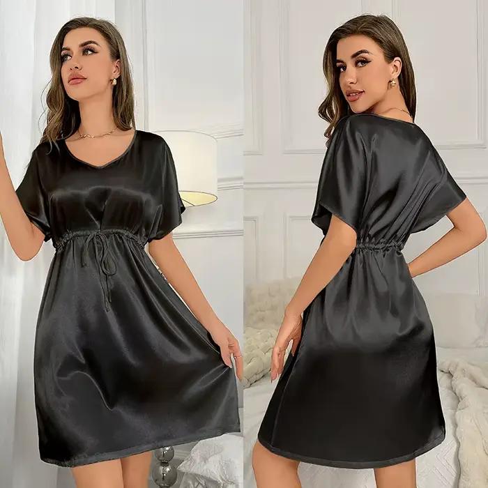 Chemise de nuit en satin soyeux pour femmes, chemise de nuit à col en V, vêtements de détente, robe 