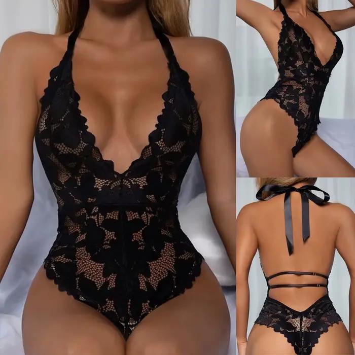 Femmes dentelle noire Lingerie Sexy col en V profond dos nu Teddy body femmes serré Ultra mince Ling