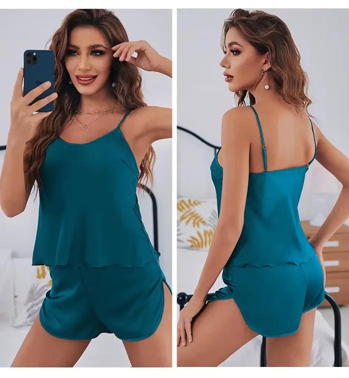 Ensemble de pyjama en satin de soie pour femmes, été, débardeur à col en V avec short, deux pièces, 