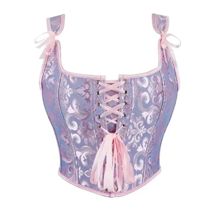 Vintage Jacquard à lacets surbuste Corset haut court femmes gothique Bustier gilet victorien mode ré