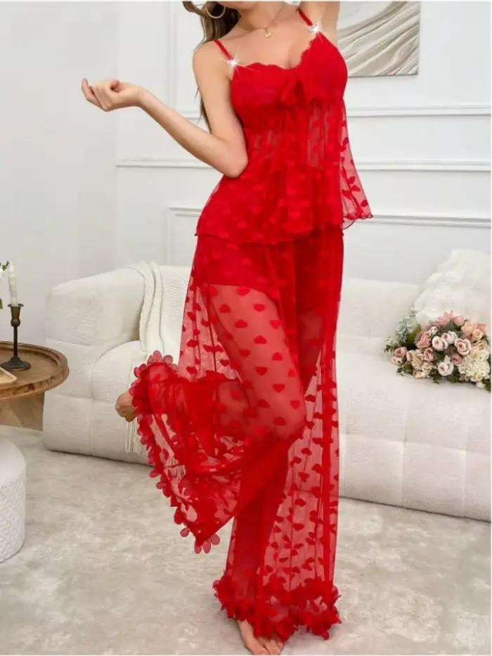 Ensemble pyjama 2 pièces en dentelle pour femmes, soutien-gorge à bretelles Transparent et pantalon 
