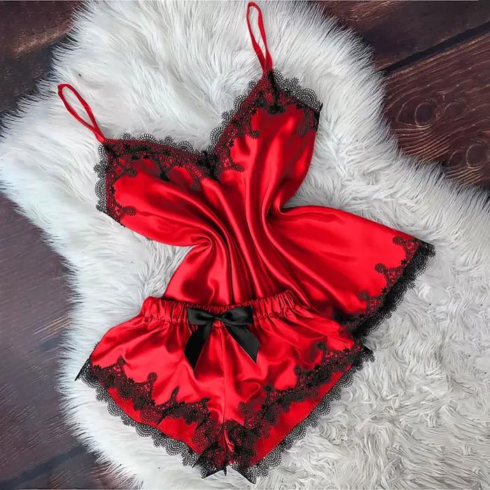 Lingerie Sexy pour femmes, vêtements de nuit, Camisole, short à nœud, hauts à col en v, pyjama en ve