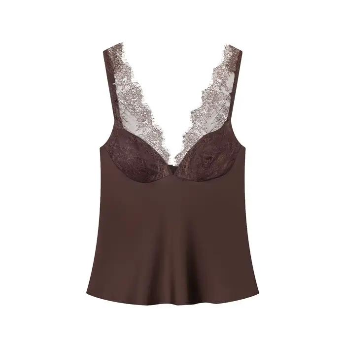 TFMLN femmes dentelle épissure Sexy fronde hauts sans manche 2026 nouvelle mode col en V profond ten
