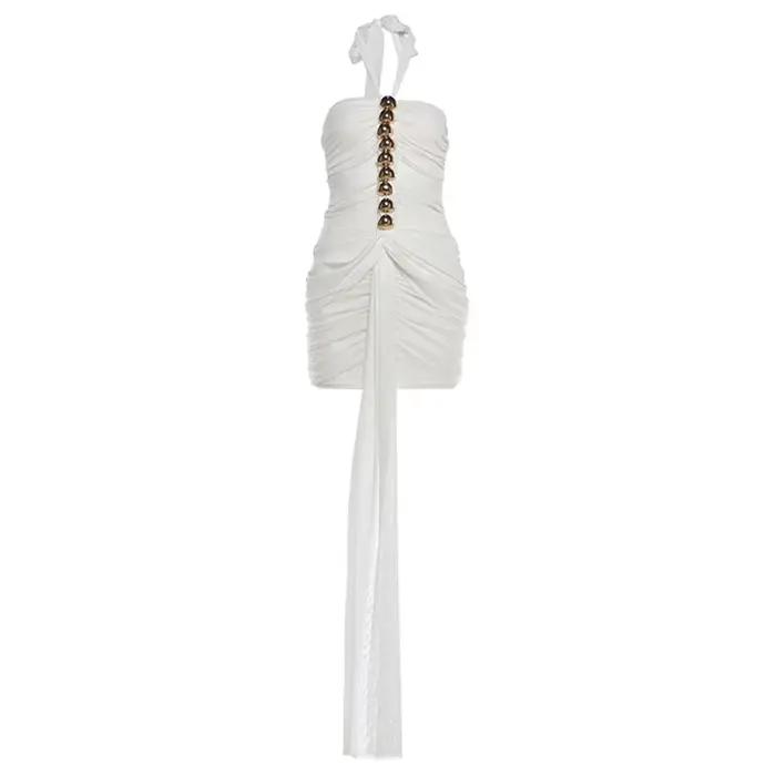 HLJ Robe moulante sexy à col licou pour femme, en maille unie transparente, sans manches, dos nu, po
