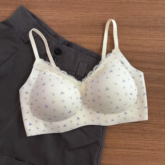 Lingerie française à imprimé floral pour femmes, petits seins, bords en dentelle douce, respirante e