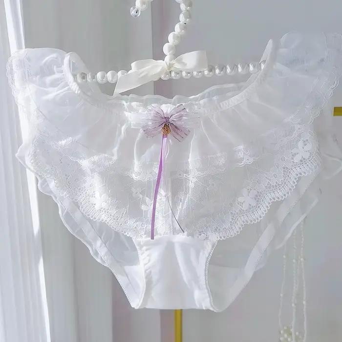 Lolita – culotte en maille et dentelle à volants, Sexy et aérée, avec une taille basse et un nœud do