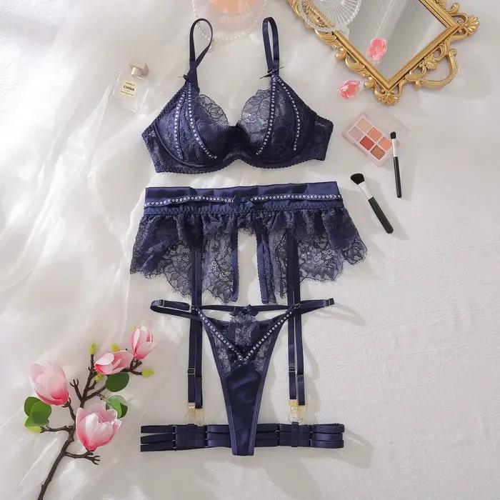 Ensembles de Lingerie Sexy pour Femmes, Soutien-Gorge à Paillettes de Luxe, Ceinture, String, 3 Pièc