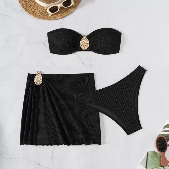2025 nouveau Sexy trois pièces Bikini ensemble femmes robe Bandeau solide maillot de bain dos nu mai