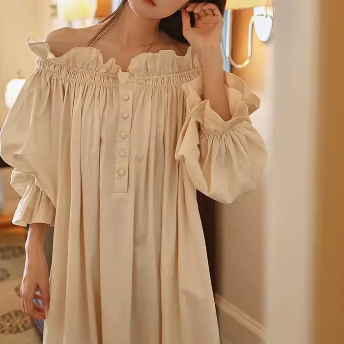 Fée française rétro longue chemise de nuit 100% coton style court tempérament vêtements de nuit ampl