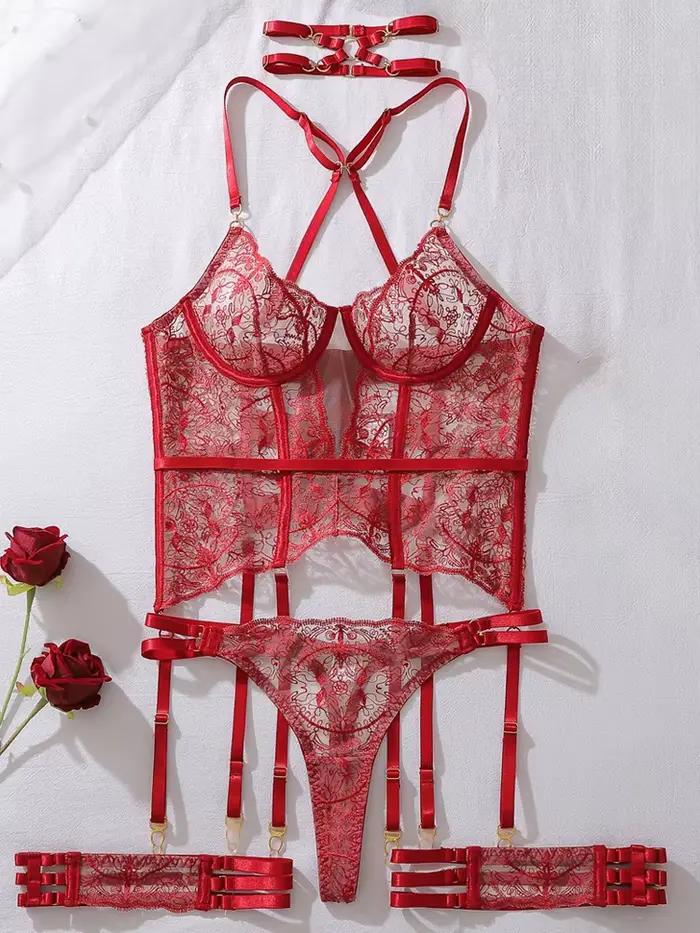 Lingerie sexy en dentelle transparente, ensemble soutien-gorge et jarretière érotique, lingerie de n