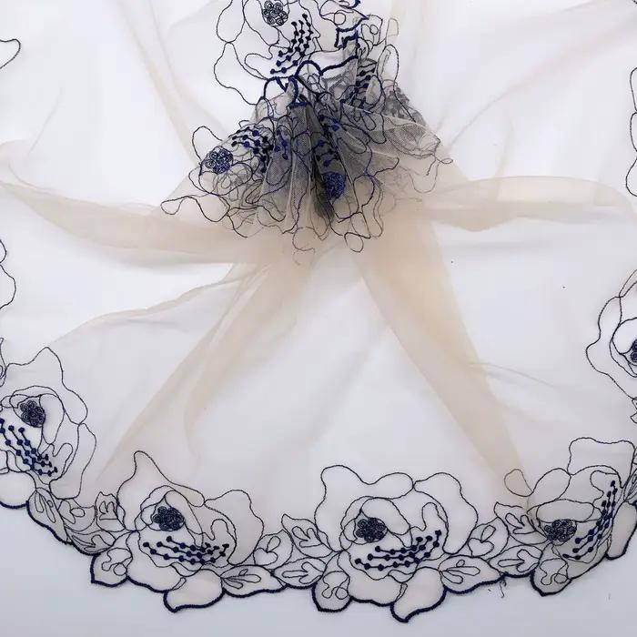 Garniture en dentelle brodée de fleurs bleu marine, maille pour soutien-gorge, lingerie, sous-vêteme