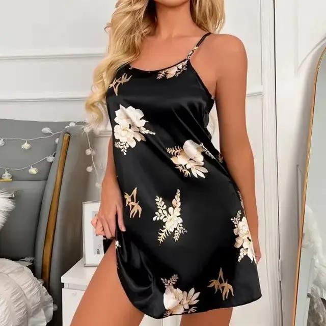 Chemise de nuit sexy à imprimé floral noir pour femmes, vêtements de nuit pour la maison, chemise de