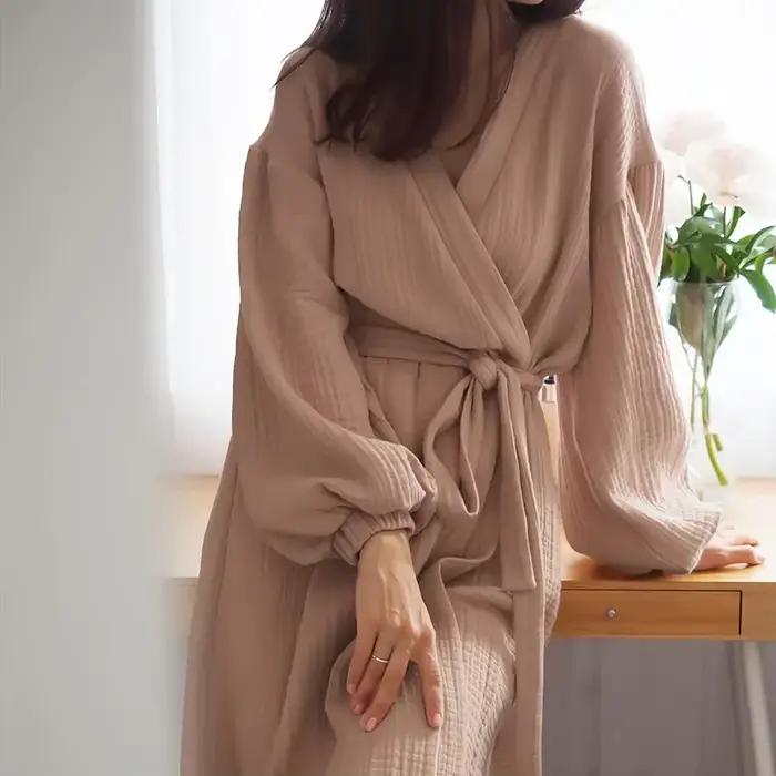 Peignoirs longs en mousseline de coton 100% pour femmes, pyjama à manches longues, décontracté, ampl