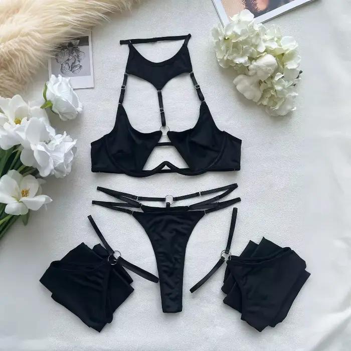 Ensemble de lingerie sexy noir 4 pièces pour femme, soutien-gorge halter ajouré, string, bas 2 pièce