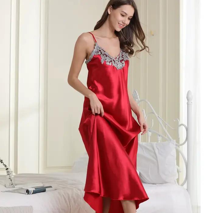 Chemise de nuit en satin de dentelle pour femmes, chemise de nuit sexy, chemise longue, vêtements de