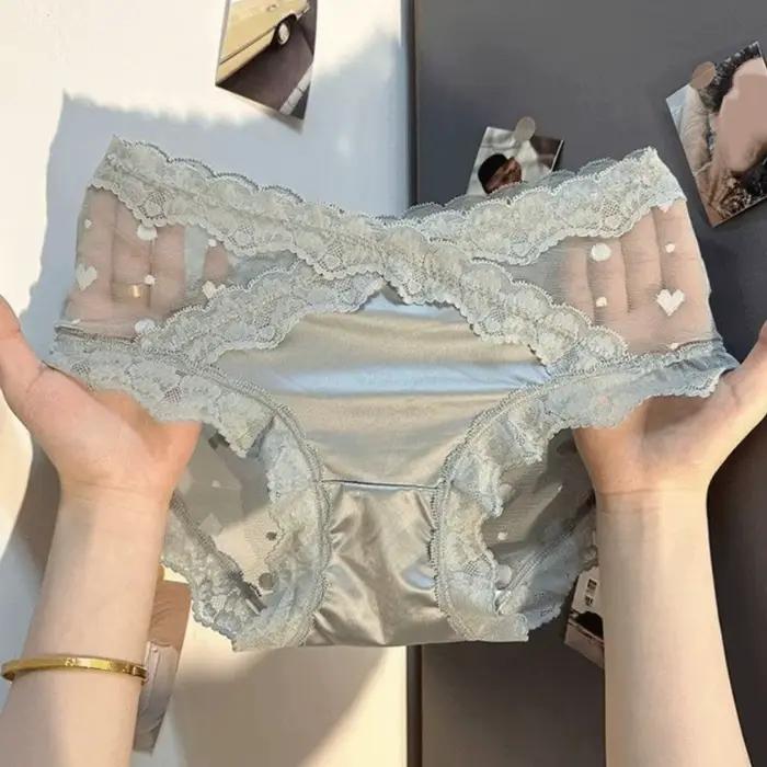 Culottes en satin de soie transparentes à taille basse avec dentelle florale et motif cœur pour femm