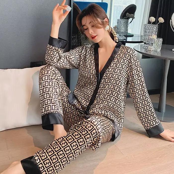Ensemble de pyjamas College en satin pour femmes, vêtements de nuit décontractés, chemise de nuit co