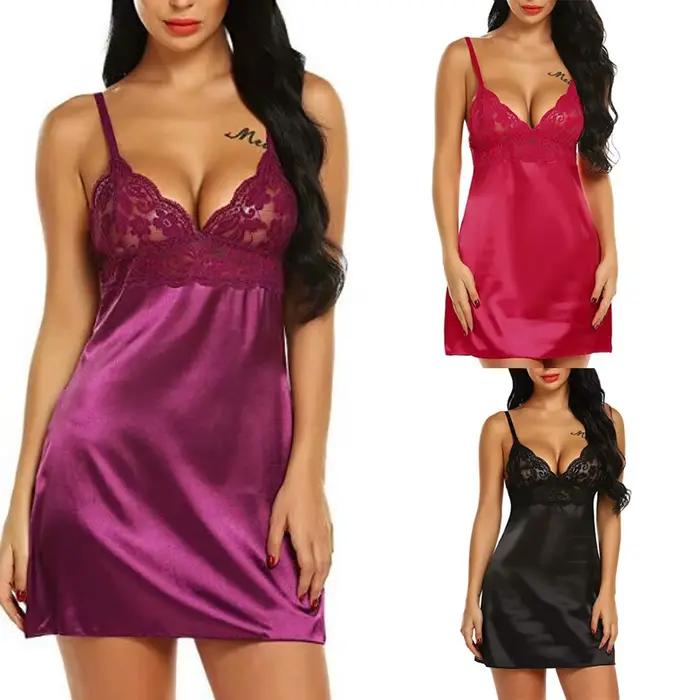 Femmes Sexy dentelle fronde Lingerie mode vêtements de nuit Robe de nuit nuisette couleur unie chemi