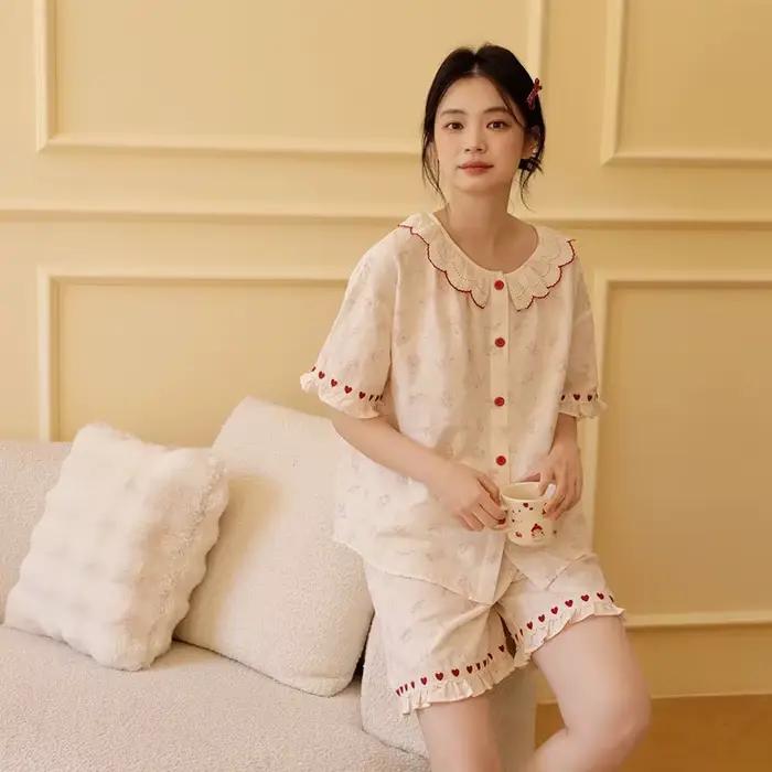 Adorable ensemble de pyjama orné de cœurs rouges |   Gaze 100% coton pour femmes |   Ensemble de vêt