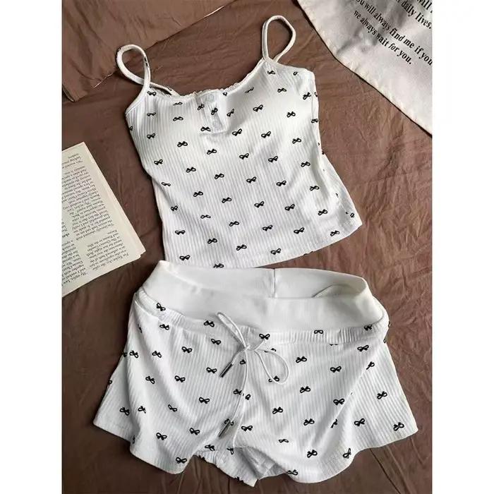 Ensemble de pyjama d'été pour femme avec nœud, débardeur et short, 2 pièces, décontracté, respirant,