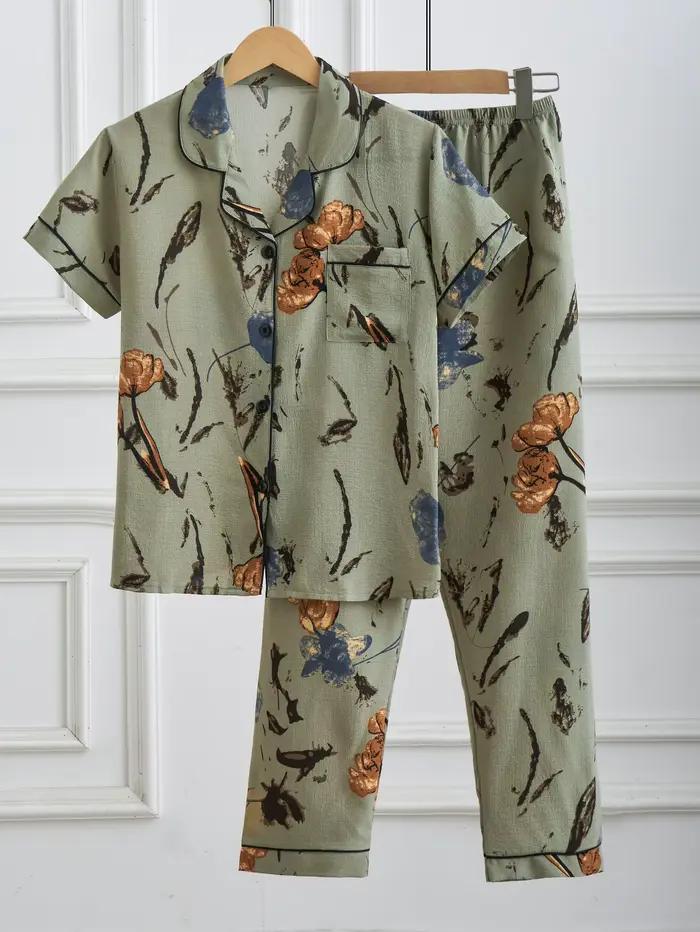 Pyjama rétro vert à fleurs pour femmes, vêtements de nuit décontractés à manches courtes et pantalon