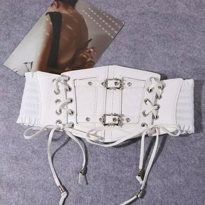 Ceinture Corset Large Ajustable en Dentelle et Cuir Couleur Unie, Élégante et Amincissante pour Tenu
