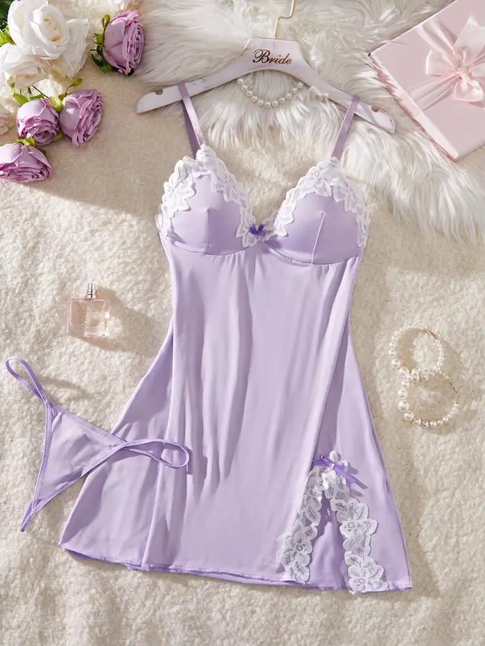 Robe de nuit pour femme en dentelle violette claire avec nœud, style babydoll, ensemble de lingerie,