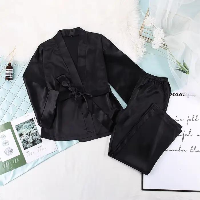 Ensemble pyjama assorti avec ceinture pour femmes, pièces de remorquage en Satin, doux et ample, déc